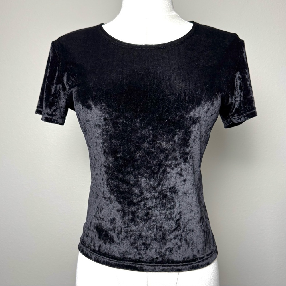 Vintage 90s Y2K Black Stretch Velvet Top Size M/L Dark Academia Minimalist